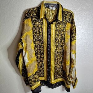 Monzini collection silk metallic sequence leopard print button down shirt sz M